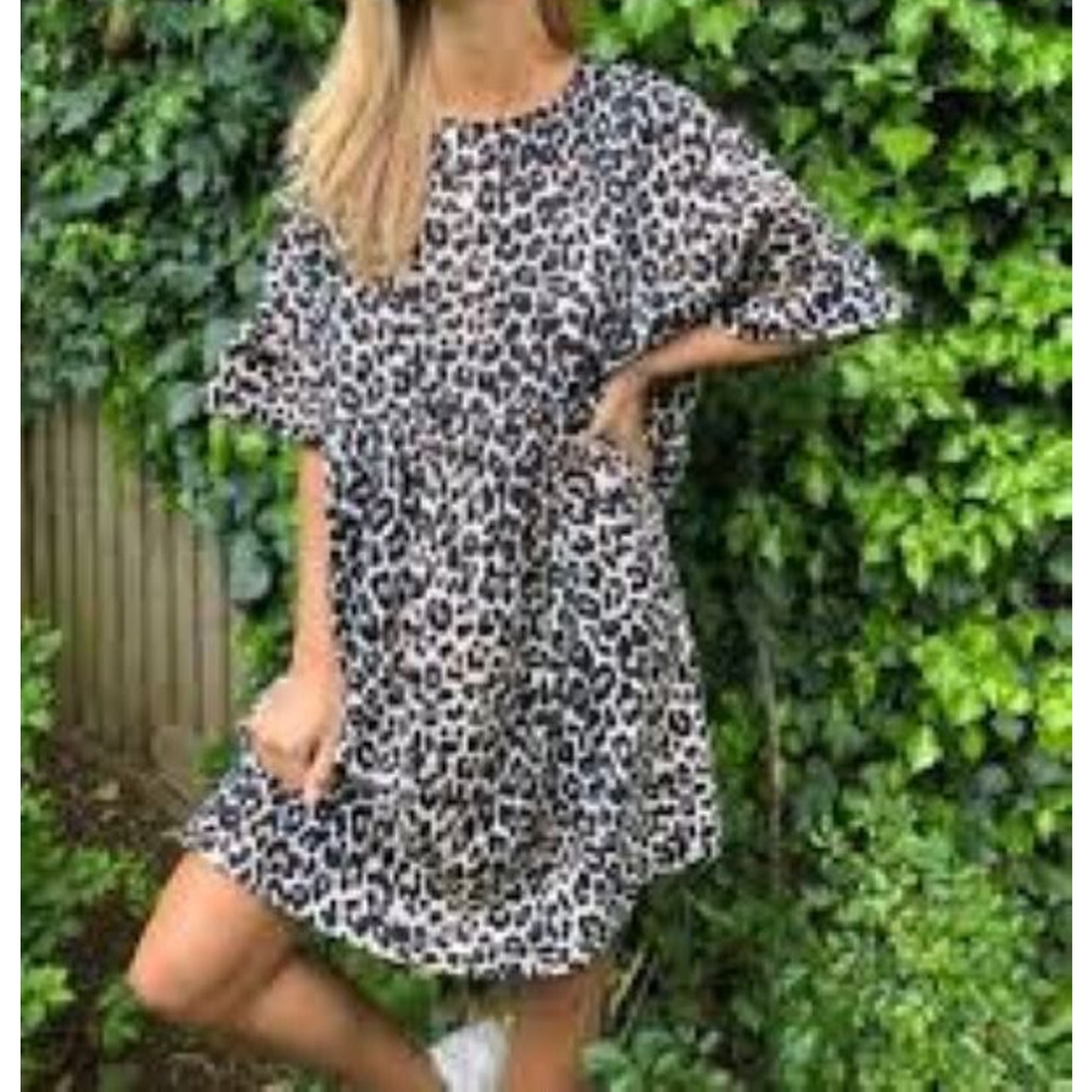 Asos Design Animal Print Mini Smocked Dress Sz 4 Oversized Flounce Sleeve
